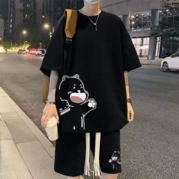 Summer Man Tracksuit Japan Cartoon Streetwear Hip Hop Rock Casual Short Suit Cool Printed waffle T Shirts Shorts 2 Piece Set 240430