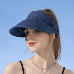 Summer Anti UV Straw Hat For Women Wide Brim Ponytail Hat Empty Top Visor Caps Female Outdoor UV Protection Sun Beach Caps 240514