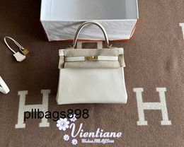 Handbag Keliys Genuine Leather 7A Directors hand sewn bag 25cm white pen white 10 Craie Swift cowhide gold buckle