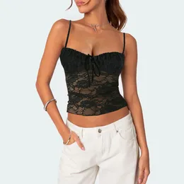 Women's Tanks Sexy Lace Slim Camisole Tie Front Spaghetti Strap Vest Show Navel Cropped Tops Club Streetwear