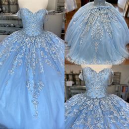 Baby Blue Lace Tulle Sweet 16 Dresses Off The Shoulder Floral Applique Tulle Beaded Corset Back Vestidos De Quinceanera Ball Gowns Prom 2362