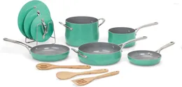 Cookware Sets Culinary Collection 12-Piece Pots And Pans Set PURELYCERAMIC Nonstick Teal Ceramic Non-stick Back For Easy Cleaning