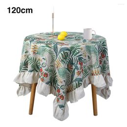 Table Cloth Banquet Dustproof Dinning Room Ruffled Hem Oilproof Home Round Green Plants Printed Kitchen Retro Style Cotton Blend
