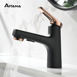 Bathroom Sink Faucets Gold Brass Faucet Dual Function Pull-out Design Single Handle 1 Hole Cold And Double Control Basin