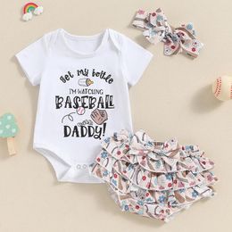 Clothing Sets 2024-04-15 Lioraitiin Baby Girl Outfit Letter Print Short Sleeve Romper With Baseball Pattern Tiered Ruffled Shorts And