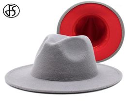 FS 61cm Gray Red Patchwork Wool Felt Jazz Fedora Hats For Women Unisex Wide Brim Panama Party Trilby Cowboy Cap Men Gentleman12258840