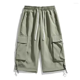 Men's Pants Fashion Loose Elastic Waist Spliced Pockets All-match Bandage Cargo 2024 Spring Summer Solid Color Casual