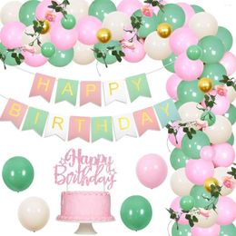 Party Decoration FANGLELAND Green And Pink Birthday Decorations With Banner Balloons Garland Arch Kit Rose Vine For Girl Decor