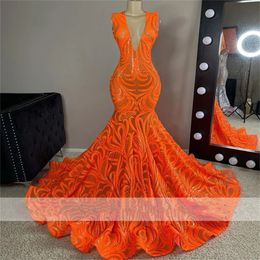 Sparkly Sexy Orange Mermaid Prom Dress 2022 for Black Girls Sequins Aso Ebi Birthday Party Gowns Evening Dresses Robe De Bal 266B