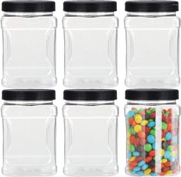 Storage Bottles 6 Pack Clear Plastic Jars With Lids - Easy Grip Handles For Dry Goods Cookies Candy