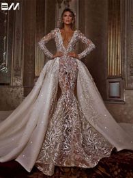 Sparke tiefe V-Ausschnitt Hochzeitskleid Perlenkristalle Brautkleid anmutige bodenlange Brautkleider Vestido de Novia