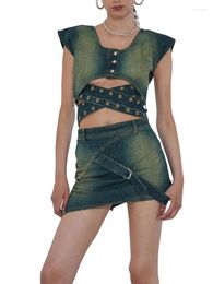 Women's Tanks Y2k Spring And Summer Do Old Washed Single-breasted Sleeveless Denim Tube Top2024 Cotton Lace-up Waist Crop Top Women