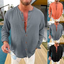 Men's Casual Shirts Male Solid Fold Shirt Collarless Long Sleeve Button Blouse Large Size Oversized