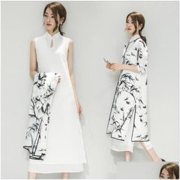 Ethnic Clothing Chinese Style Loose Casual Cheongsam Two-Piece Retro Ink Painting Printed Jacket Simple Solid Colour Dress Suit Drop Dhhx9