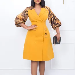 Casual Dresses 2024 African Style Women's Clothing Fall Winter Fashion Ol Printed Stitching Tailored Collar Dress Midi