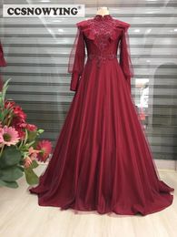 Party Dresses Burgundy Long Sleeve Muslim Evening Dress High Neck Hijab Prom Formal Gown A Line Appliques Arabia Dubai Islamic Kaftan