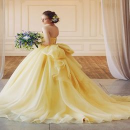 Elegant Gorgeous Yellow Sweetheart Ball Gown Quinceanera Dresses Lace Applique Evening Prom Gowns Big Bow Knot Formal Sweet 15 Party Dr 253I