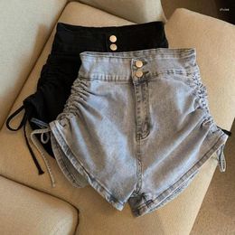 Women's Jeans Gidyq Women Sexy Shirring Slim Denim Shorts Summer Button All Match Harajuku Korean Fashion High Waist Casual