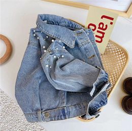 Jackets 3-10 Year Old Girl Denim Jacket 2024 Children's Pearl Long Sleeved Baby Korean Version Personalised Fashioncoat