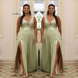 Light Green Plus Size Appliqued Prom Dresses Sheer V Neck Evening Gown A Line Split Side Chiffon Floor Length Formal Dress Abiye 2022 0514