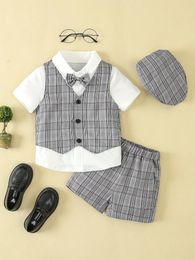 Clothing Sets Boys Summer Formal Gentleman Dress Set Of Four Bow Short Sleeved Shirts Checkered Shorts Vest And Hat Children's