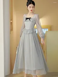 Casual Dresses Romantic Grey Chiffon Princess Dress Woman Vintage French Style Bow Long Sleeve Fairy For Party Night Vestido Festa