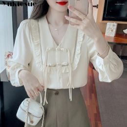 Women's Blouses Korean Vintage Art V-Neck Long Sleeve Shirt Chinese Style Button Women Spring Summer Design Advanced Sense Aestheticism