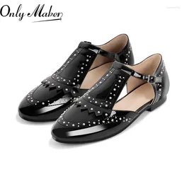 Casual Shoes Onlymake Women Round Toe Patent Leather Hollow Black Strap Rivet Flats Mary Jane Retro Elegant Big Size Daily