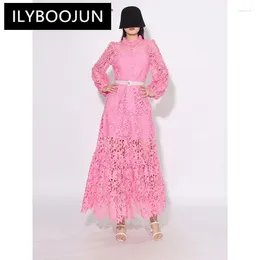 Casual Dresses ILYBOOJUN Solid Patchwork Belt Chic Dress For Women Stand Collar Lantern Sleeve High Waist Hollow Out Elegant Female