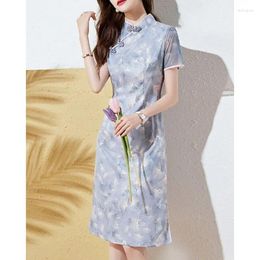 Ethnic Clothing Chinese Traditional Qipao Dress Cheongsam Chi-pao Beaded Buttons Improved 2024 Summer Print Elegant Slim Women's