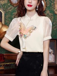 Women's Blouses Chinese Style Machine Embroidery Chiffon Shirt Butterfly Clothing 2024 Summer Short Sleeve Top Fashion