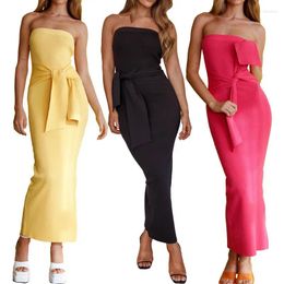 Casual Dresses Women Off Shoulder Long Bodycon Dress Evening Party Solid Colour Boat Neck Backless Tube Tie-Up Slit Knit Streetwear