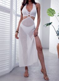 New solid Colour V-neck waist waist elastic under the swing hollow halter beach skirt swimsuit vest dress blouse skirt Long beach dress