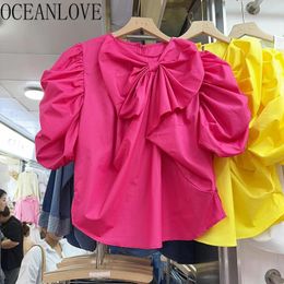 Women's Blouses OCEANLOVE Puff Sleeve Women Shirts&blouses Candy Colour Solid Spring Summer Bows Blusas Mujer Korean Fashion Retro Camisas