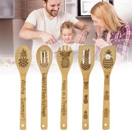 Spoons Long Handle Wooden Set Of 5 Funny Engraved Cooking With Handles Bamboo Kitchen Utensils For Home