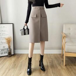 Skirts Women's Solid Colour Pockets High Waist Sashes Patchwork Office Lady All-match Fashionable Elegant Straight Bag Hip Ankle