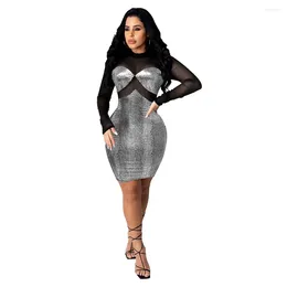 Casual Dresses Spring Summer Women Sexy Mini Bodycon Dress For Mesh Patchwork Sheer O-Neck Long Sleeve Night Party Club Vestidos
