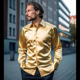 Men's Dress Shirts Bright face shirt mens long slved autumn and winter mens clothing satin nightclub style solid Colour trend mens trend Y240514