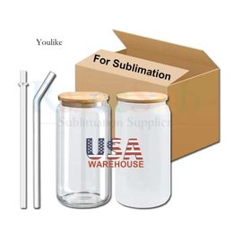 US/CA Stock 16 Unzen Sublimation Tassen 16oz Blanks Klar gefrostete Glassaft Soda -Jars Tassen Tumbler mit Bambusdeckel und Plastikstroh 0514