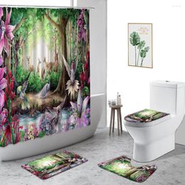 Shower Curtains Dream Forest Flower Bird Curtain Elk Creative Jungle Animal Bathroom Set Non-Slip Flannel Carpet Bath With Hooks