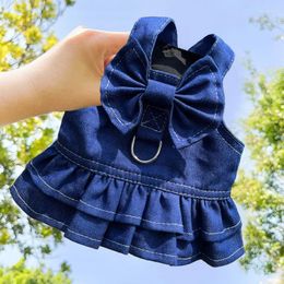 Dog Apparel Puppy Denim Skirt Clothes Harness Dress With Bow Cat Vest Size XS S M L XL