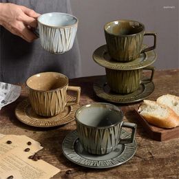 Mugs Retro Ceramic Coffee Mug Saucer Set Nordic Pull Flower Creative Home Vertical Stripes Afternoon Tea Cup Kitchen Drinking Utensil