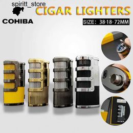 Lighters COHIBA metal cigar lamp multi-function outdoor portable windproof double flame direct fire spray butane gas lamp high-end gift S24513