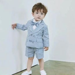 Summer Lattice Boys Set ForKids Birthday Linen Thin Little Baby Boy Gentleman Outfit Formal Suits Children Coat Clothes Korean 240512