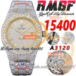 AMG 15400 A3120 Automatic Mens Watch Big Diamond Bezel 18K Yellow Gold Paved Diamonds Dial Stick Markers Steel Bracelet Super Edition Trustytime001 Iced Out Watches