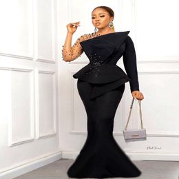 Aso Ebi Black Mermaid Formal Evening Dresses Pearls Crystals Beaded Long Sleeves Plus Size Fashion Party Ladies Prom Gowns Pageant Dres 263R