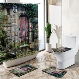 Shower Curtains Vintage Antique Old Wooden Door Curtain Country Farm Barn Stone Brick Wall Pedestal Rug Toilet Cover Bathroom Deco Set
