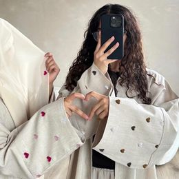 Ethnic Clothing Embroidery Abaya Women Linen Fabric Long Dress Cardigan Muslim Kimono Abayas Dubai Luxury Kaftan Ramadan Eid Islam