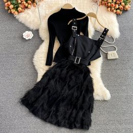 Work Dresses Women's Black Stand Up Neck Tight Knitted Two Piece Set Spring Autumn High Waist Panel Fleece Tassel Strap Dress With Belt