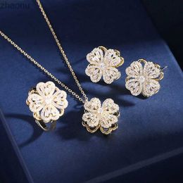 Earrings Necklace Carlidana 3-piece/Set Luxury Rotating Flower Pendant Necklace Suitable for Womens Anxiety Release Ring Rotating Clover Jewelry Gold XW